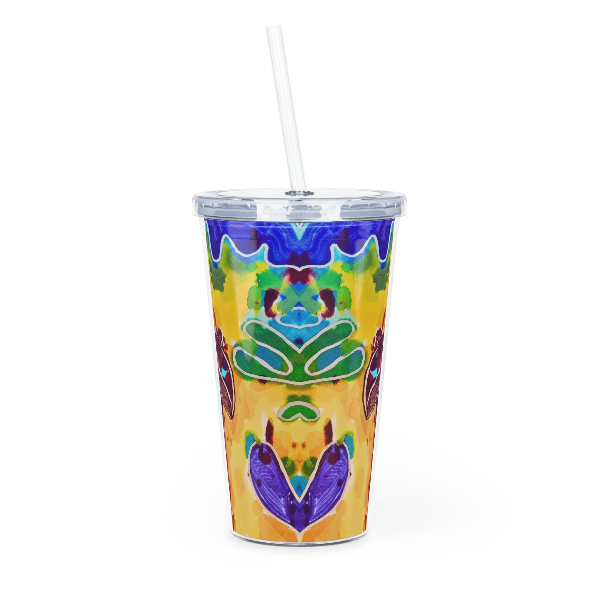 Colorful tumbler with a geometric pattern on a white background