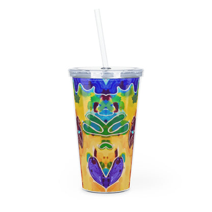 Colorful tumbler with a geometric pattern on a white background