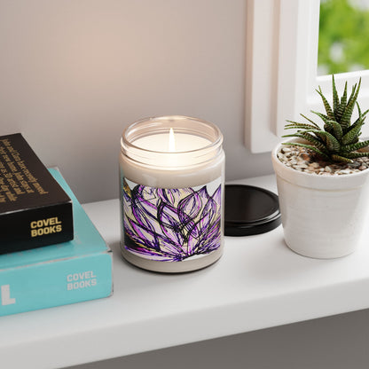 Candle with a purple lotus flower design on a shelf with books and a plant