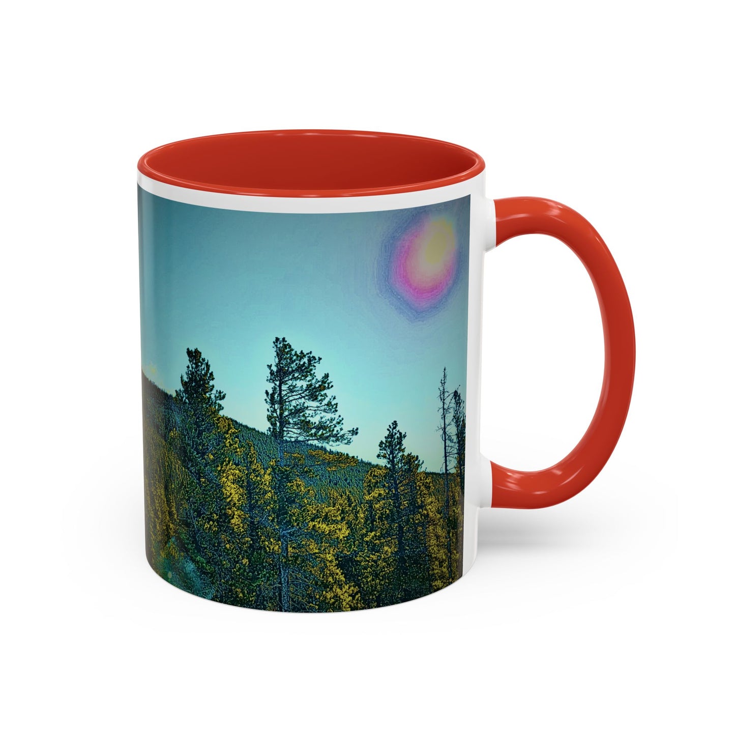 Scenic Pine Forest Accent Coffee Mug — Sunrise Landscape 11/15oz
