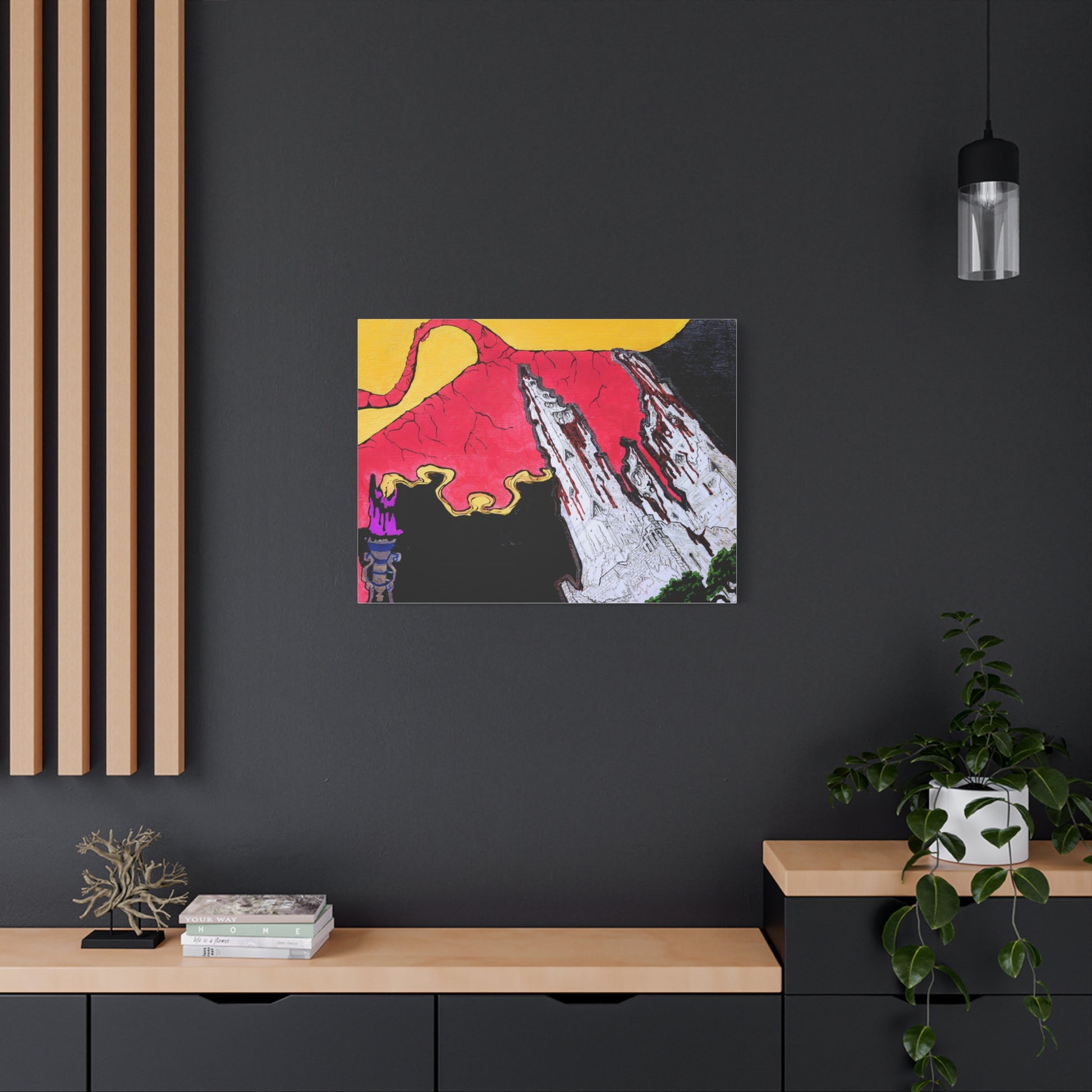 Modern interior with a colorful abstract painting on a dark wall, wooden shelf, and decorative elements.
