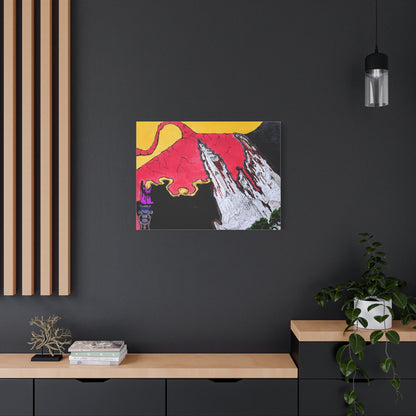 Modern interior with a colorful abstract painting on a dark wall, wooden shelf, and decorative elements.