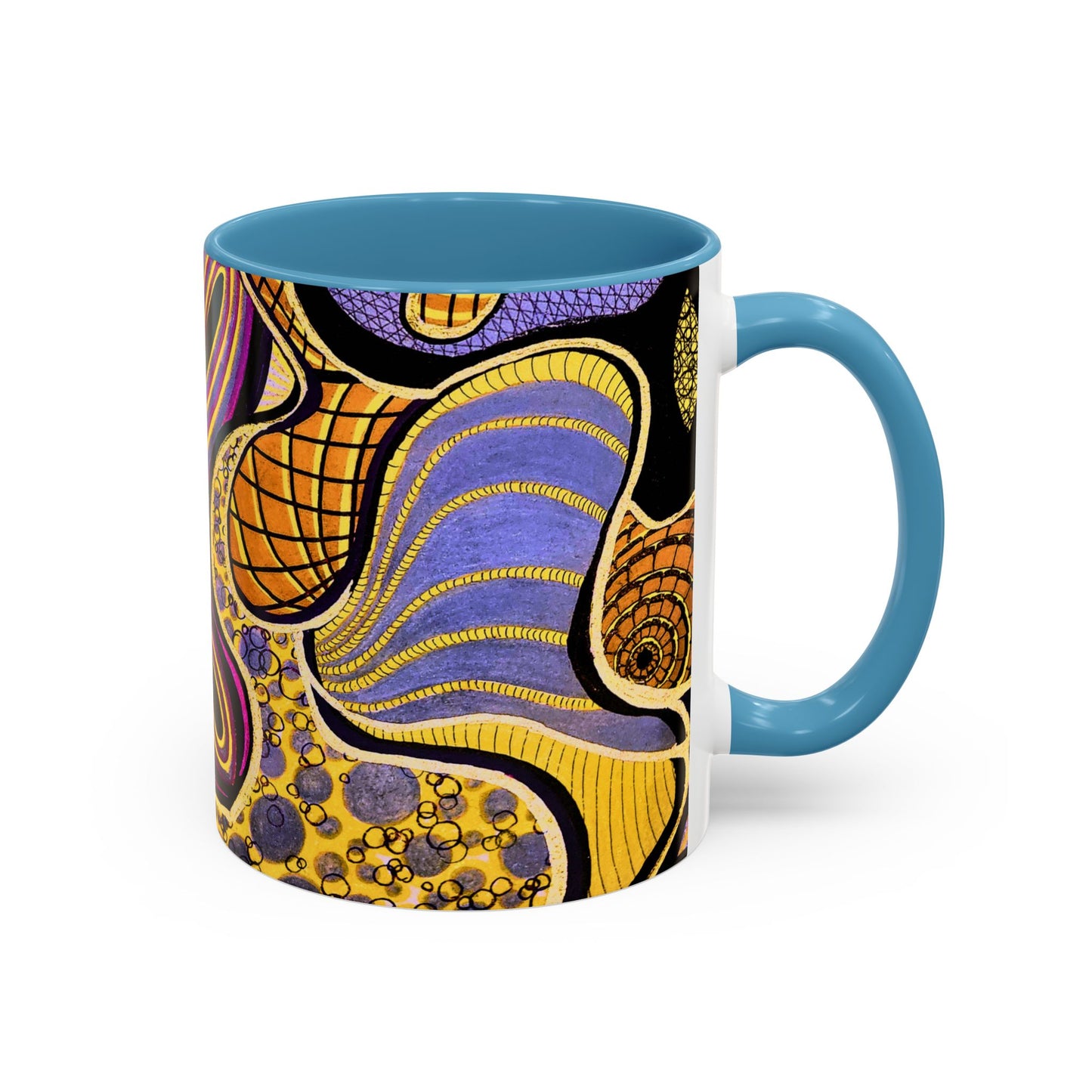 Psychedelic Seashells Accent Coffee Mug — Vibrant Purple & Gold Ocean Pattern (11/15oz)