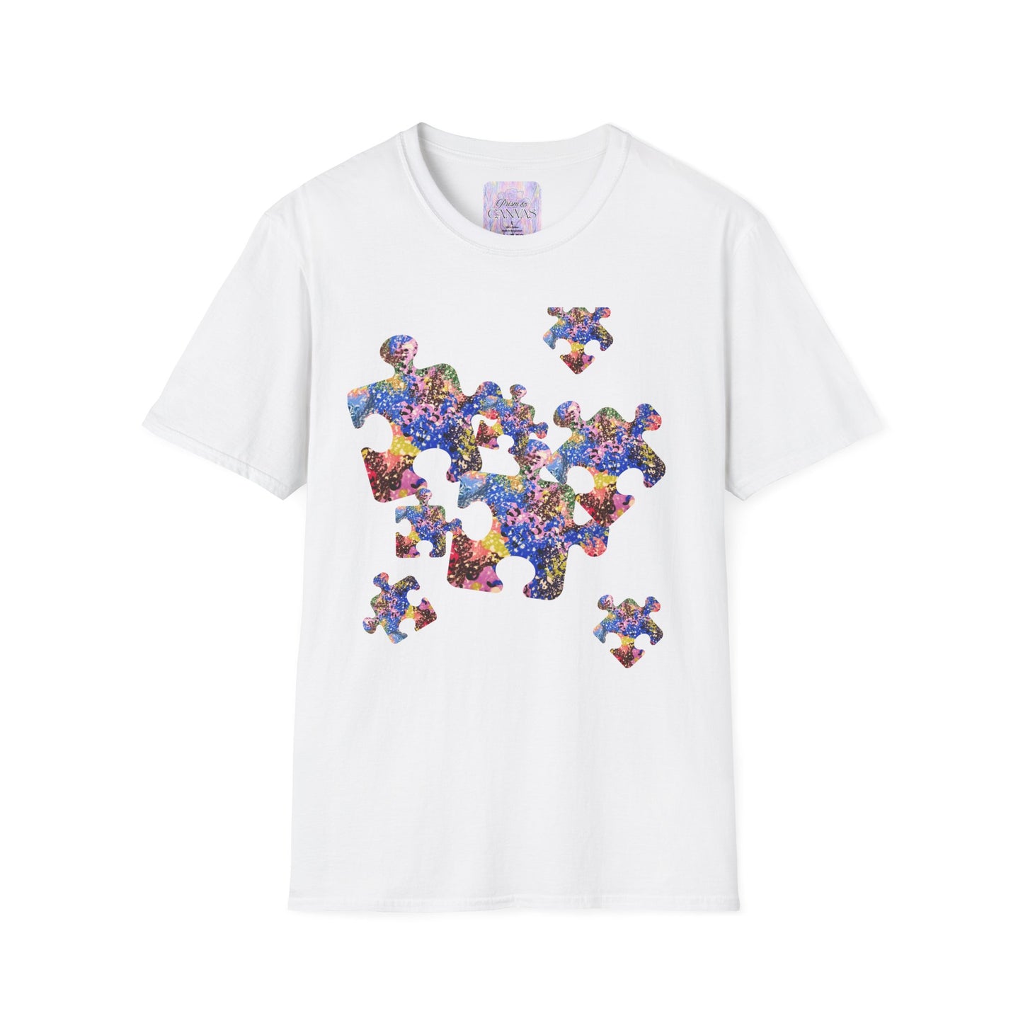 White t-shirt with colorful puzzle piece design on a white background