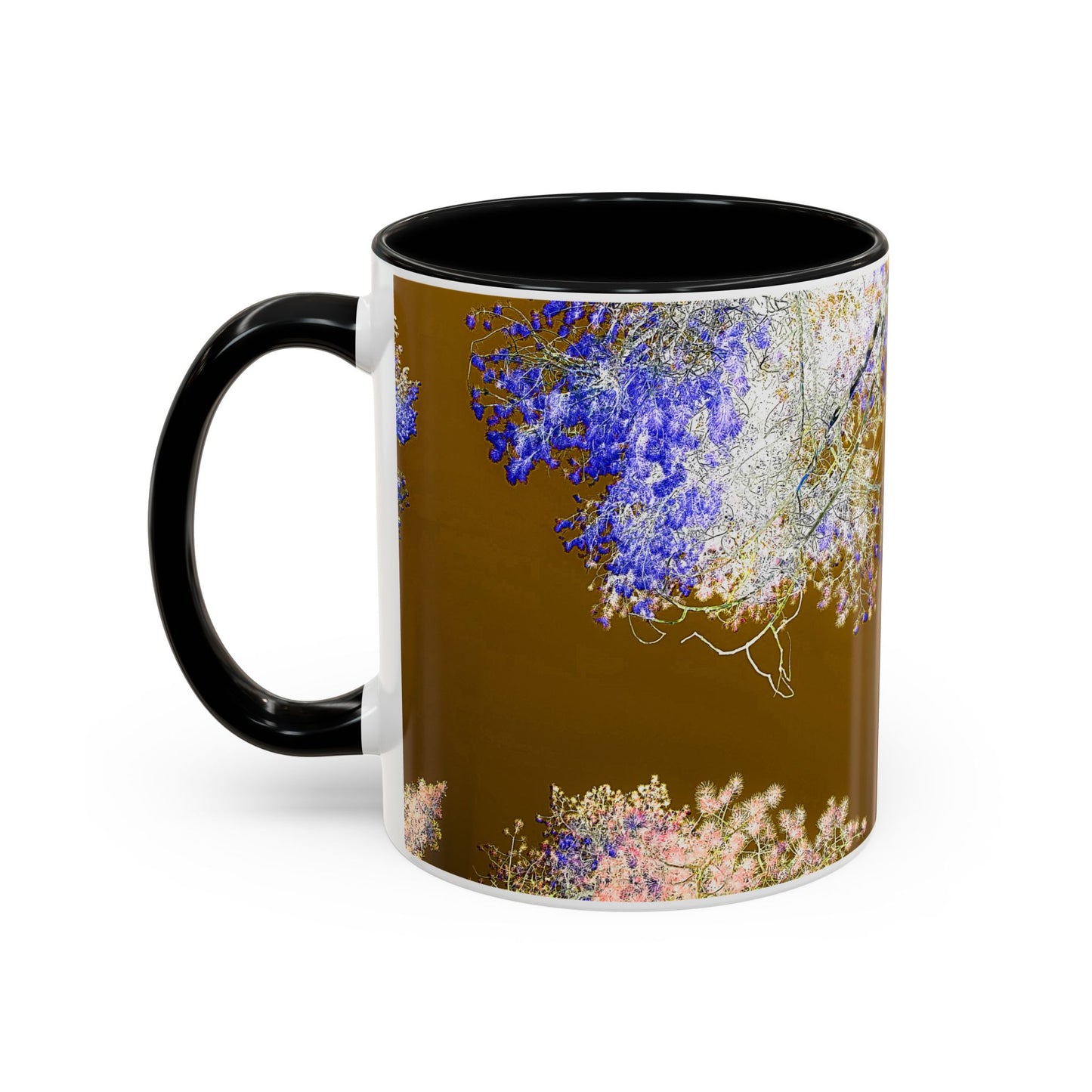 Floral Accent Coffee Mug — Botanical Blue & Pink Print on Brown (11/15oz)