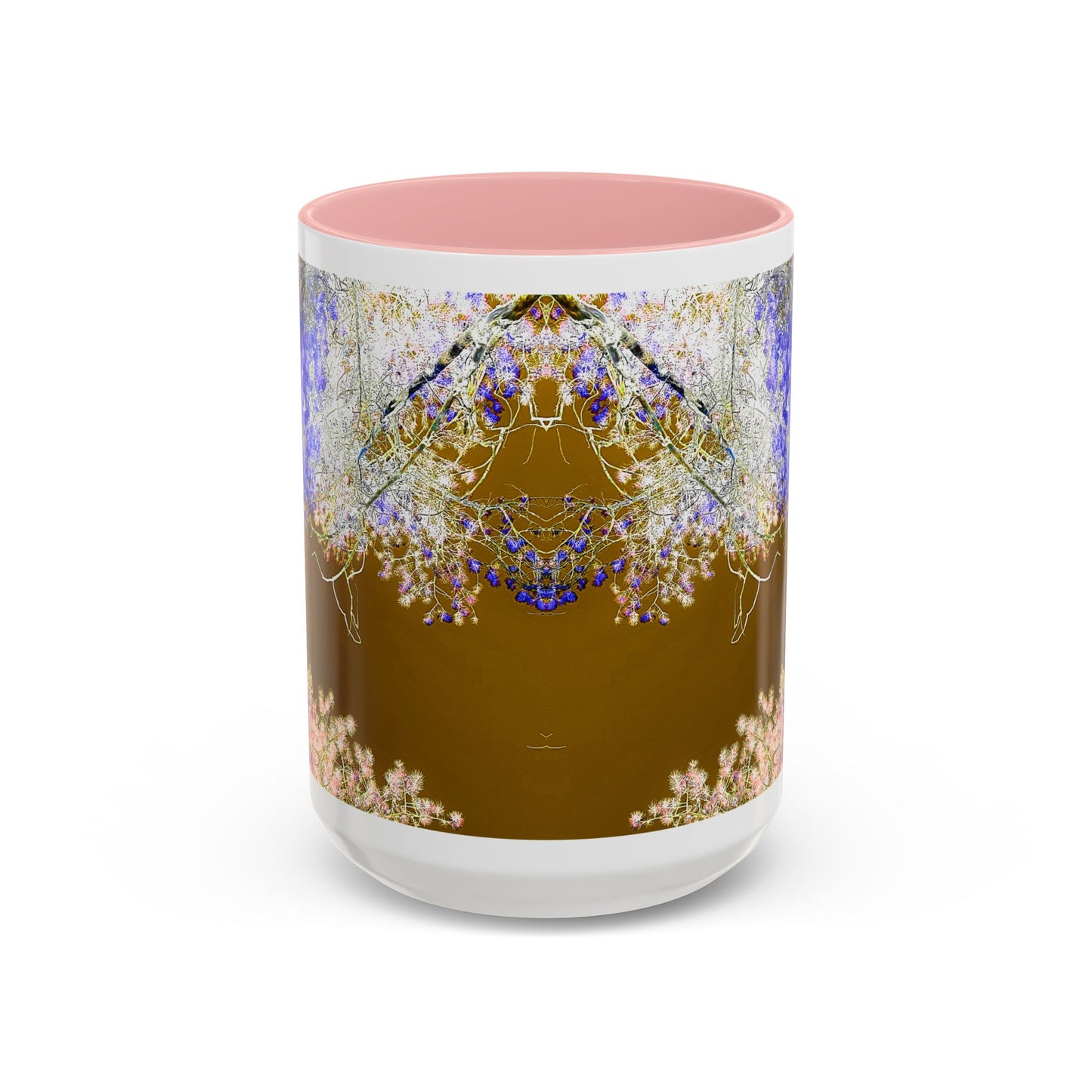 Floral Accent Coffee Mug — Botanical Blue & Pink Print on Brown (11/15oz)