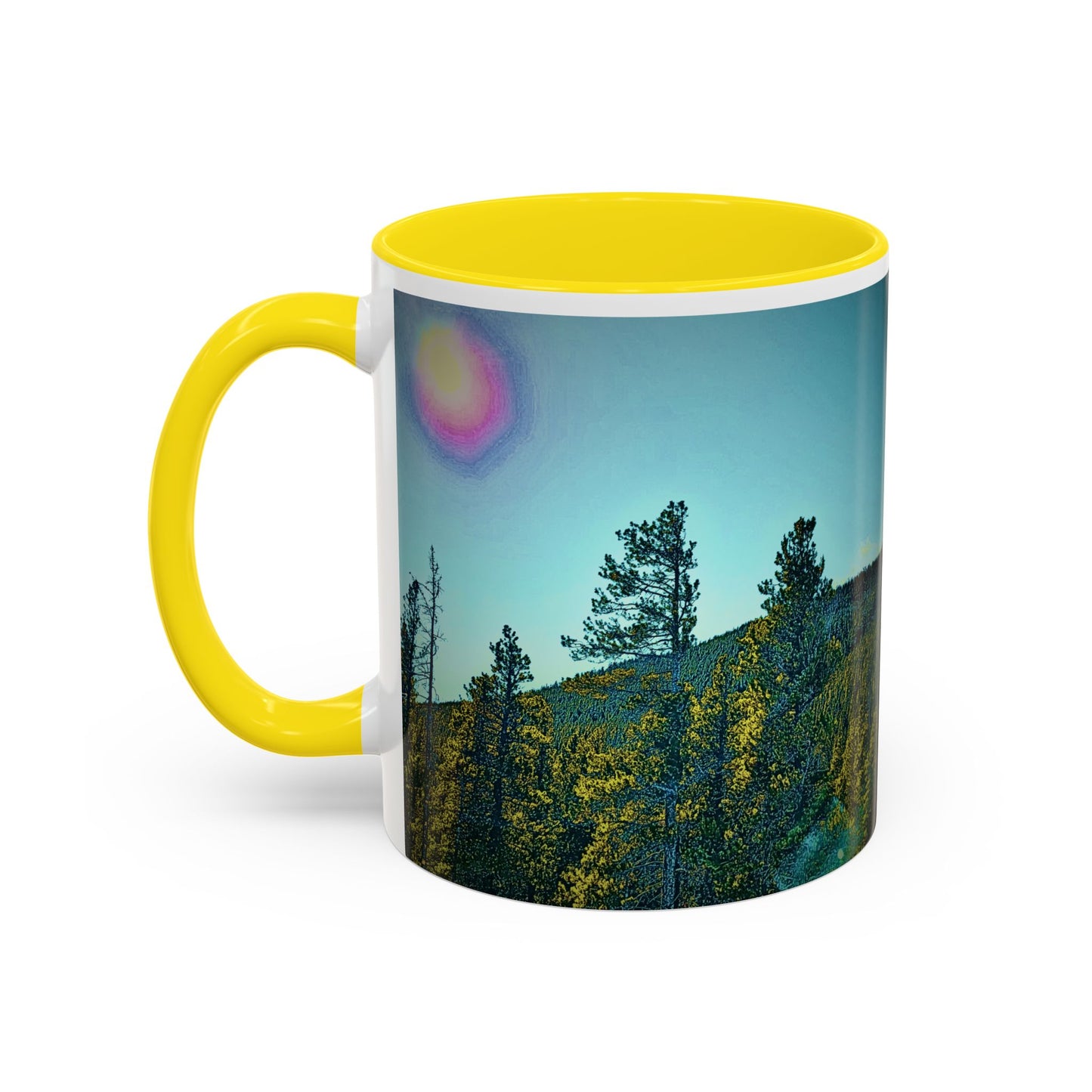 Scenic Pine Forest Accent Coffee Mug — Sunrise Landscape 11/15oz