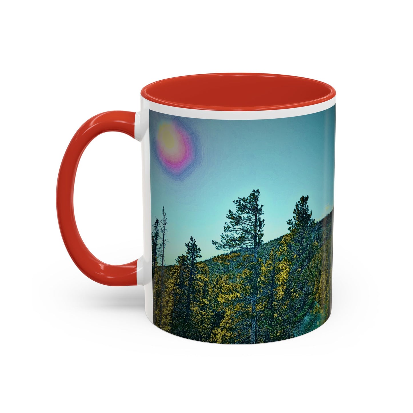 Scenic Pine Forest Accent Coffee Mug — Sunrise Landscape 11/15oz