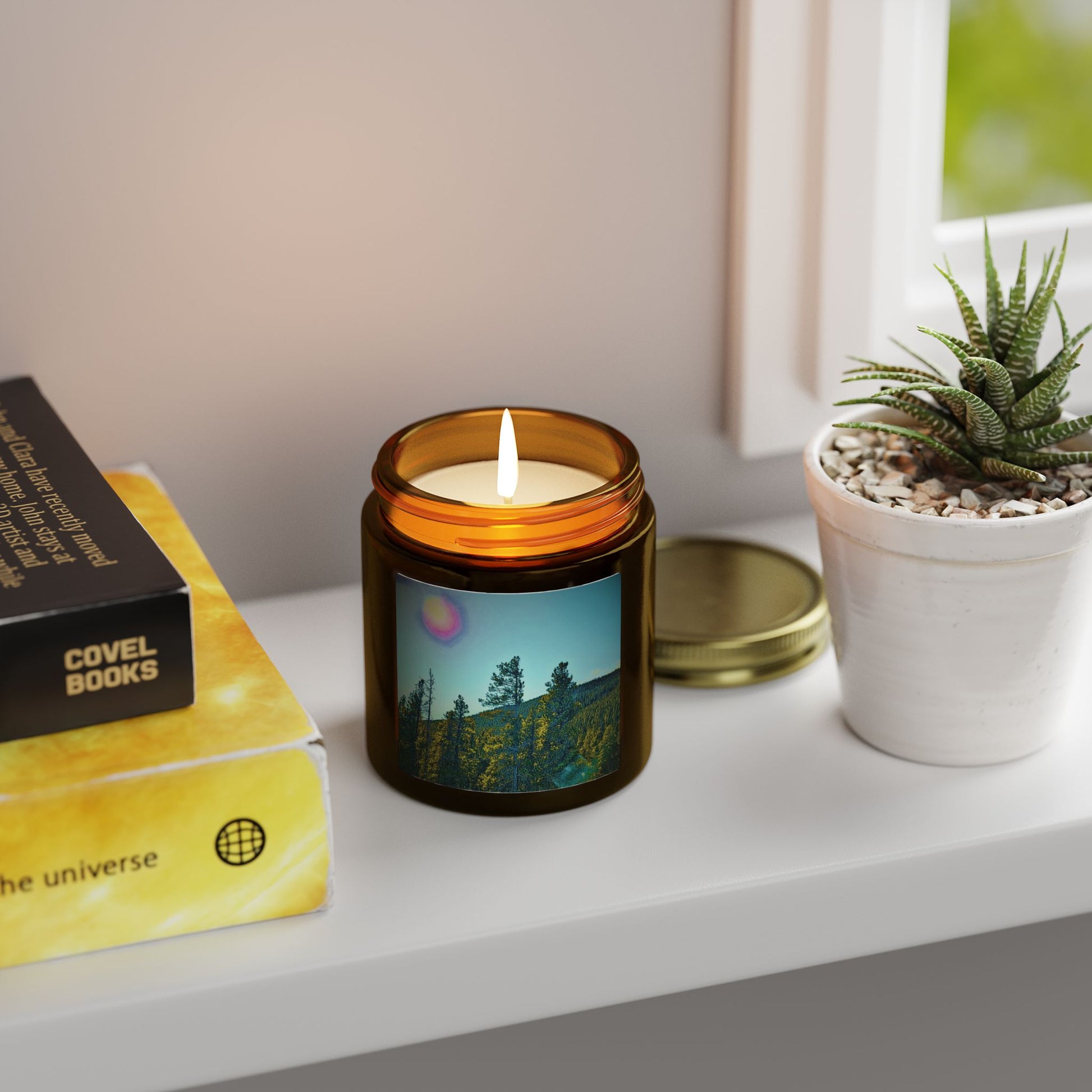 Candle with a scenic label on a shelf next to a book and plant