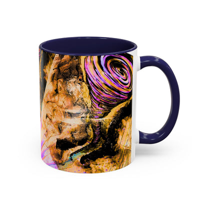 Mug with abstract design and purple handle on a white background