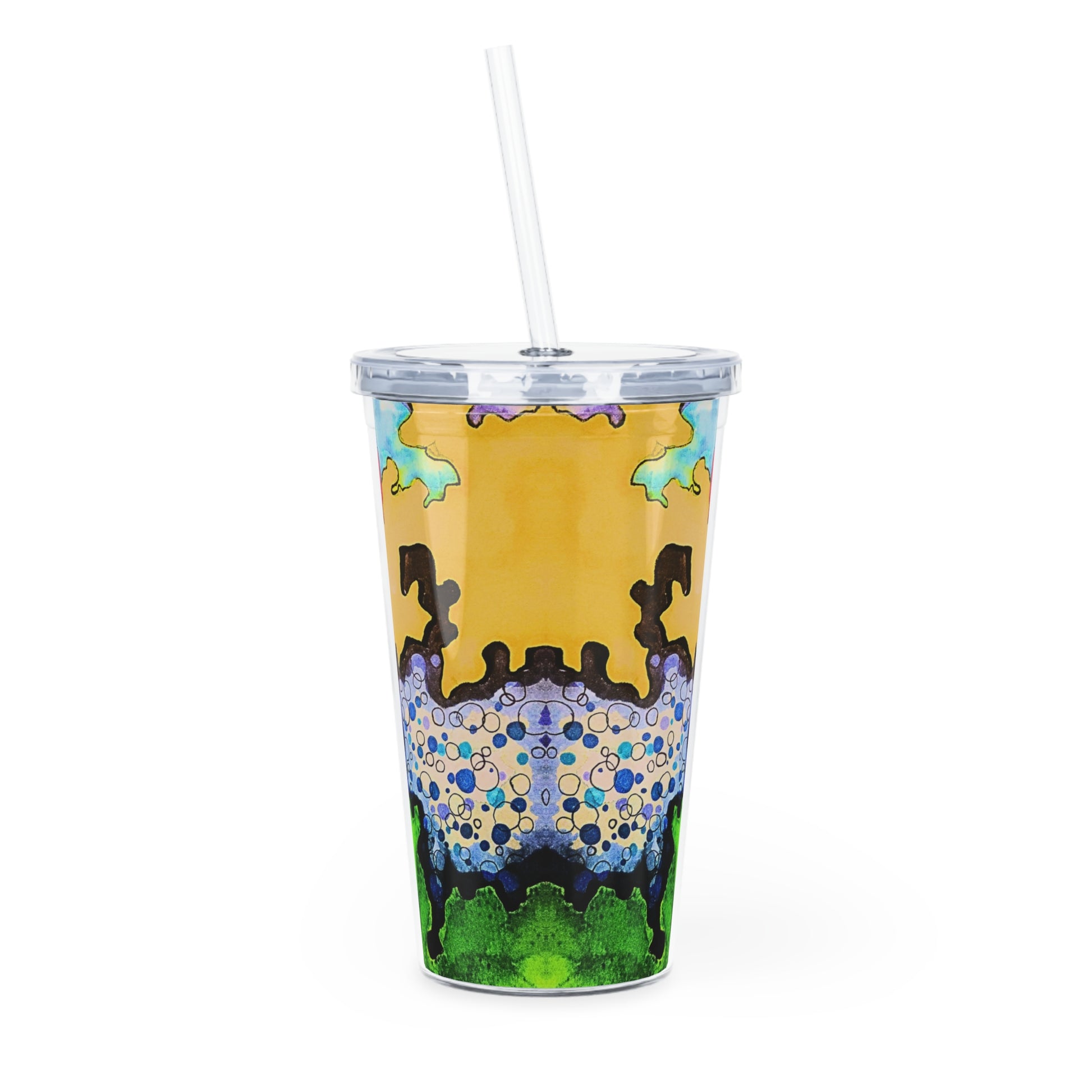 Colorful tumbler with a straw on a white background