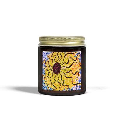 Candle jar with a colorful abstract design on a white background