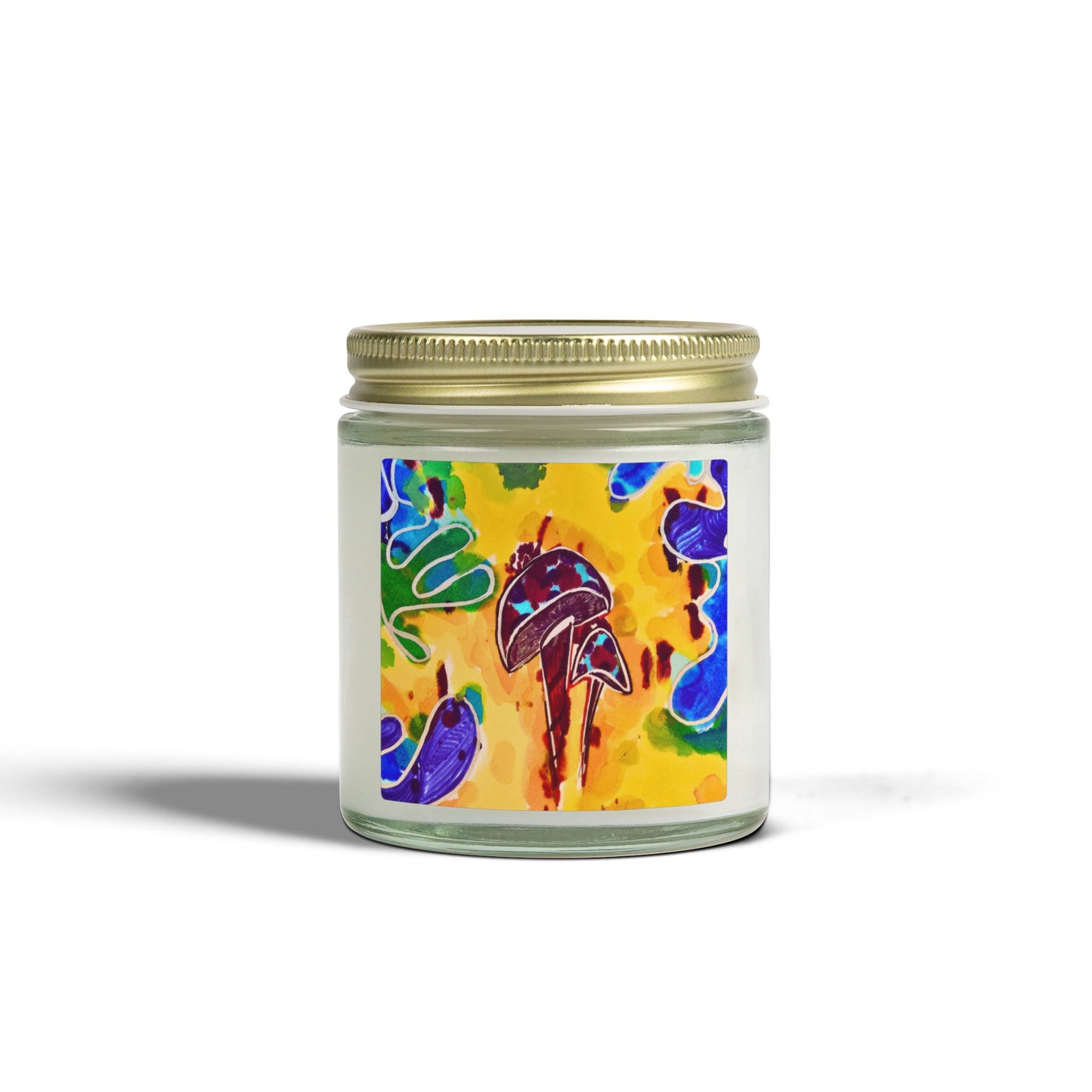 Candle jar with colorful design on a white background