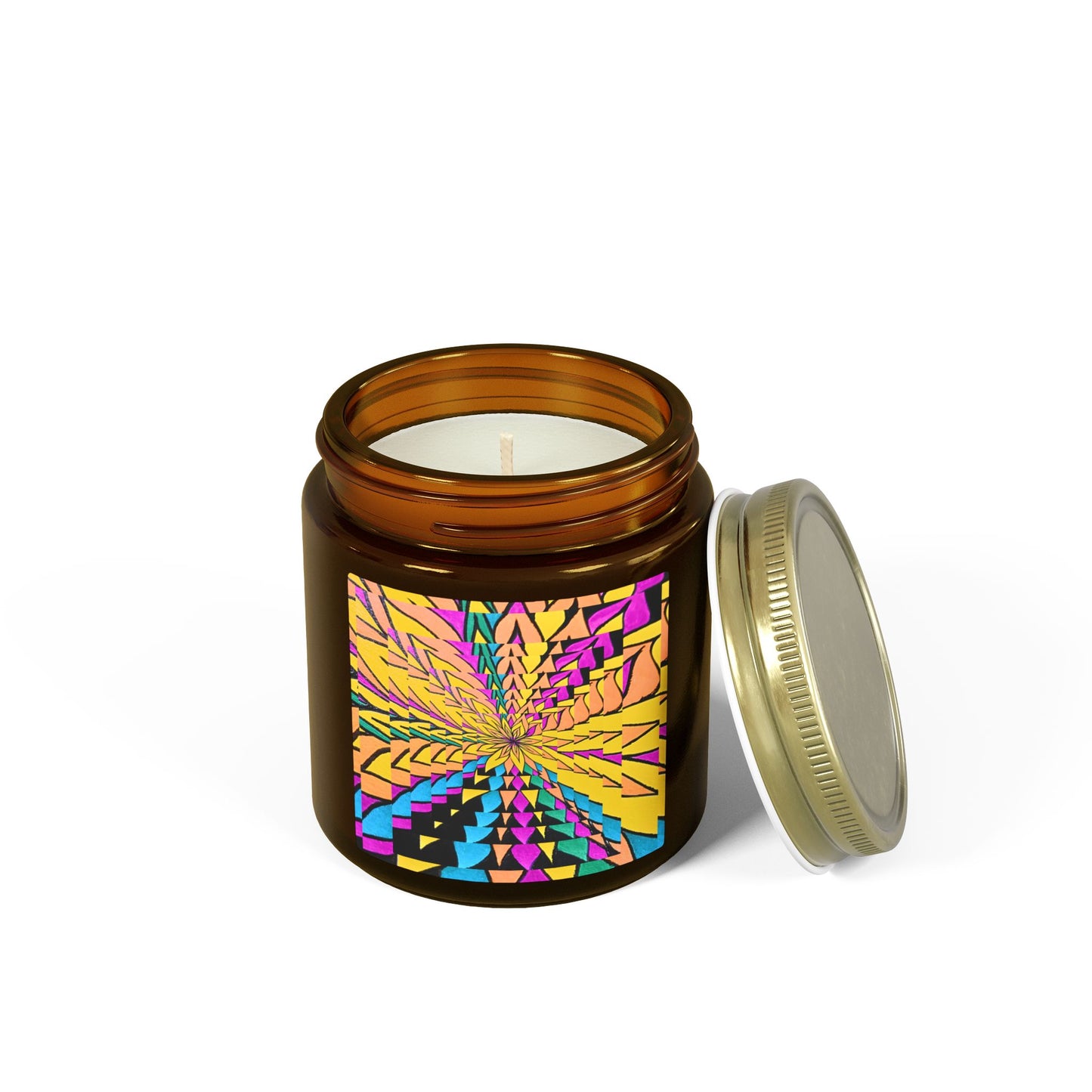 Candle in an amber jar with a colorful geometric design on a white background