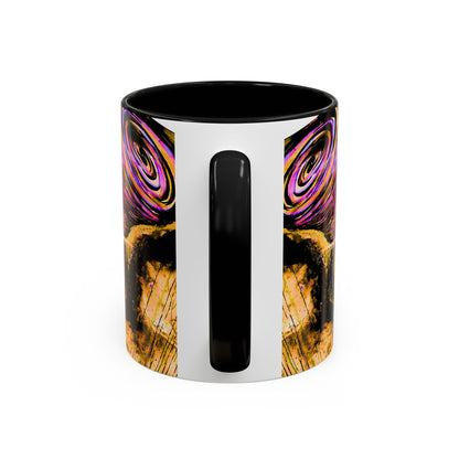 White mug with black interior and handle, featuring abstract designs on a white background