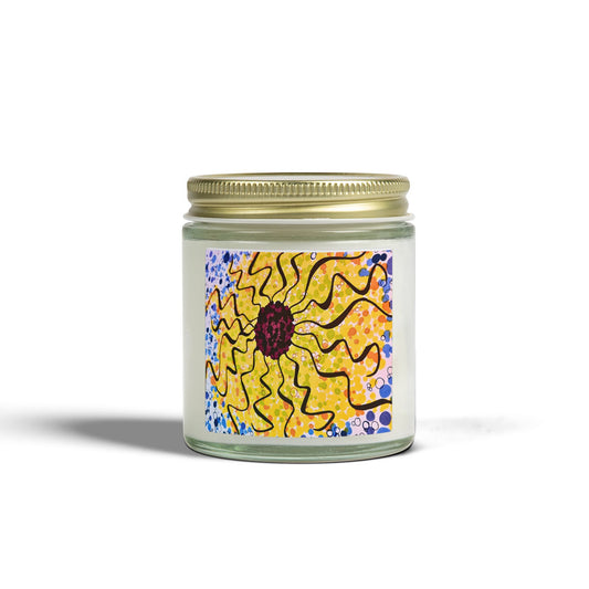 Candle jar with a colorful label on a white background