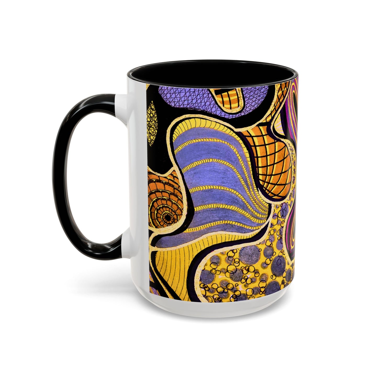 Psychedelic Seashells Accent Coffee Mug — Vibrant Purple & Gold Ocean Pattern (11/15oz)