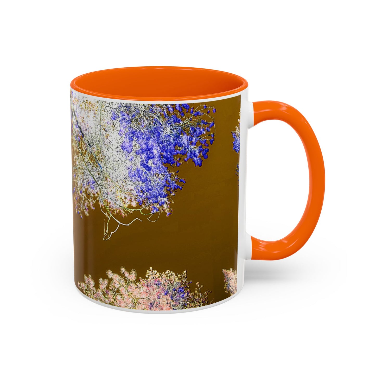 Floral Accent Coffee Mug — Botanical Blue & Pink Print on Brown (11/15oz)