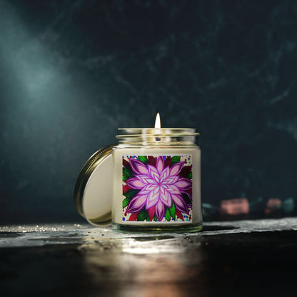 Candle in a glass jar with a colorful flower label on a dark background